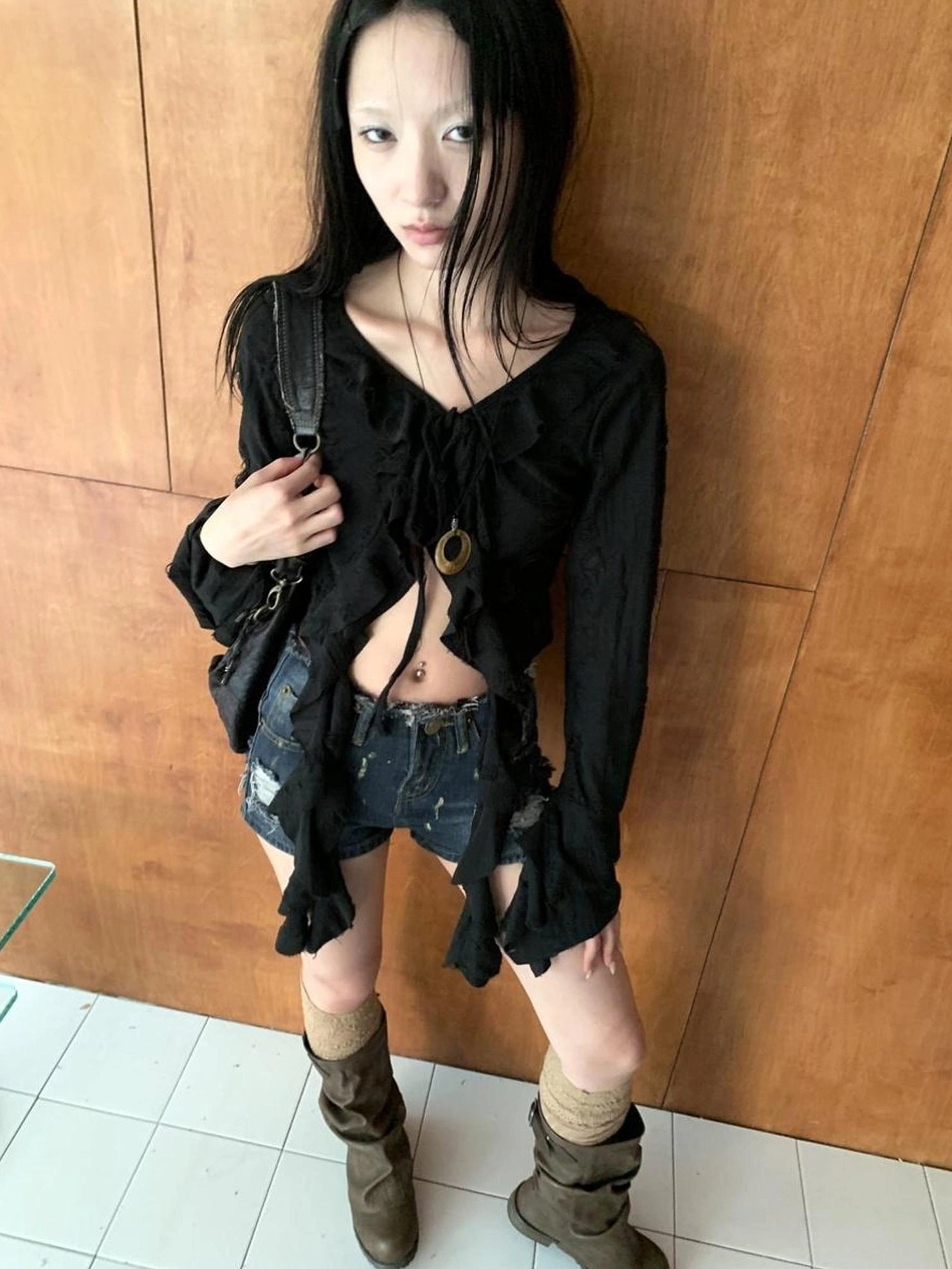 ang project Asymmetric V-neck Cutout Blouse With Floral Ties Shirts