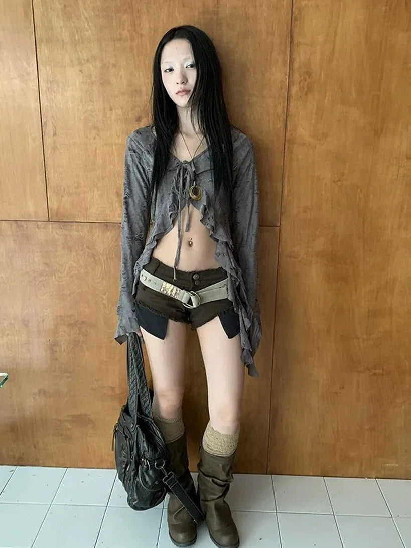 ang project Asymmetric V-neck Cutout Blouse With Floral Ties Shirts