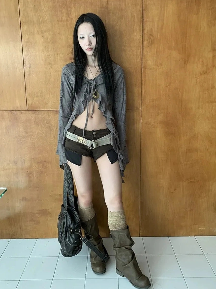 ang project Asymmetric V-neck Cutout Blouse With Floral Ties Shirts