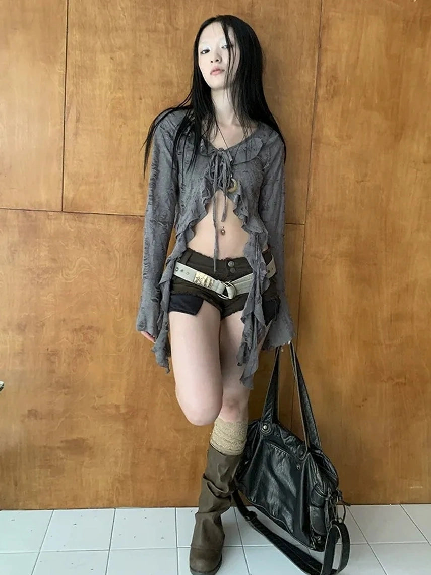 ang project Asymmetric V-neck Cutout Blouse With Floral Ties Shirts