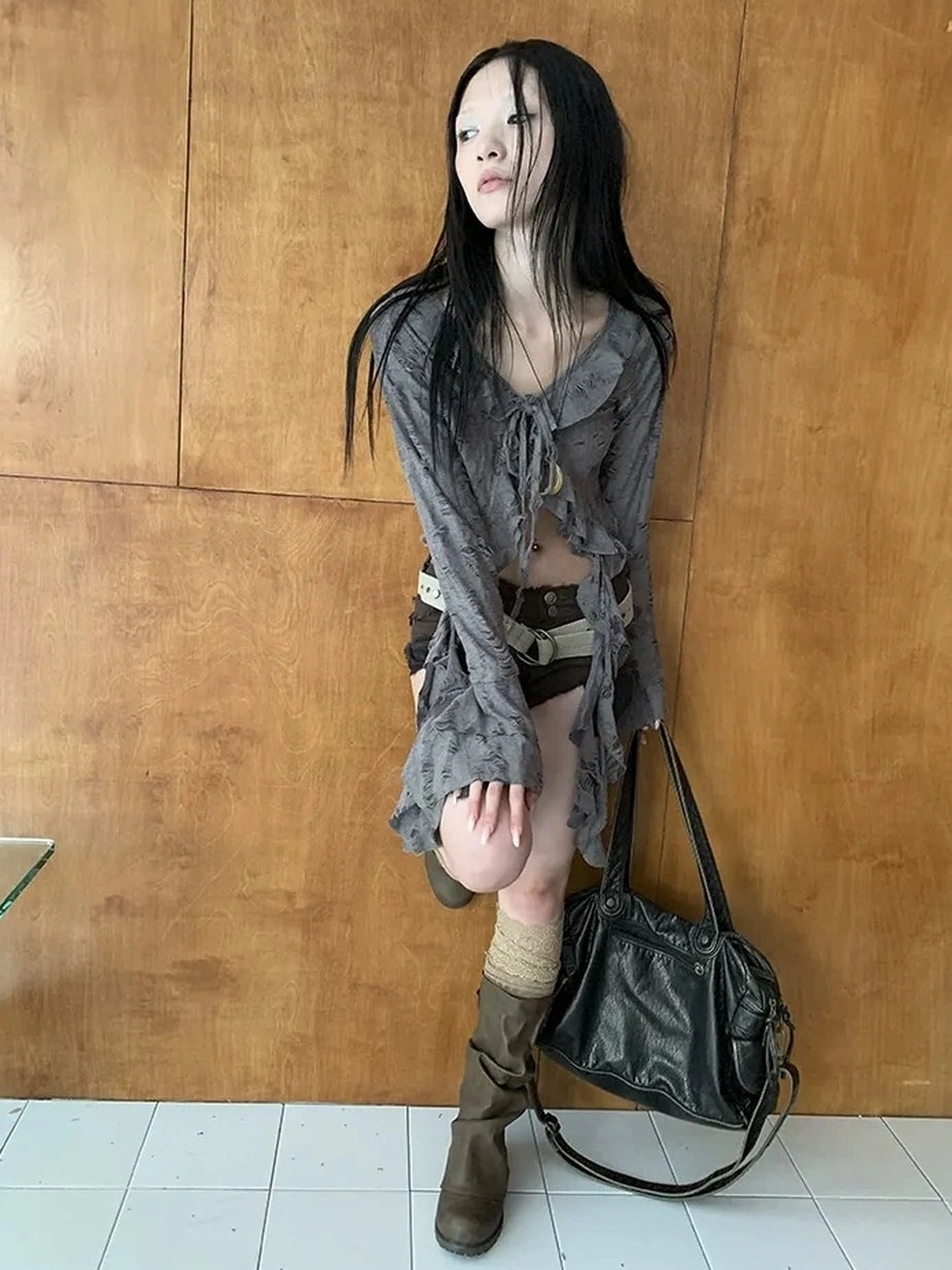 ang project Asymmetric V-neck Cutout Blouse With Floral Ties Shirts