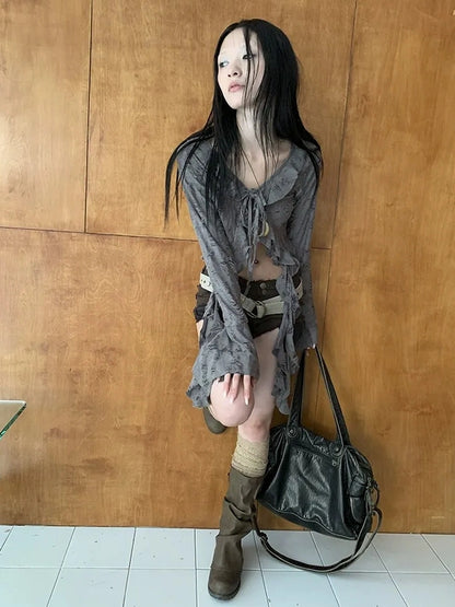 ang project Asymmetric V-neck Cutout Blouse With Floral Ties Shirts