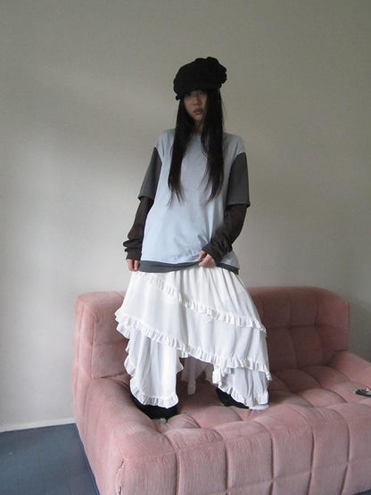 ang project Asymmetrical Hem Ruffle Waistband Skirt
