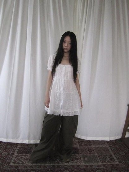 ang project Ballet Cutout Button Puff Sleeve Square Neck Women&
