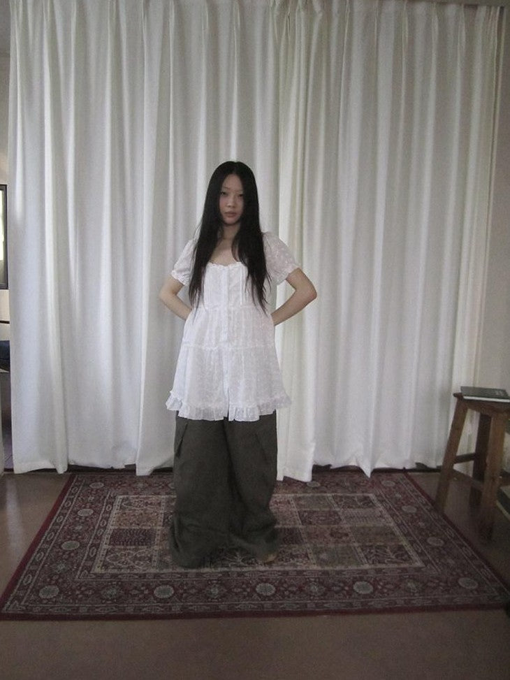 ang project Ballet Cutout Button Puff Sleeve Square Neck Women&
