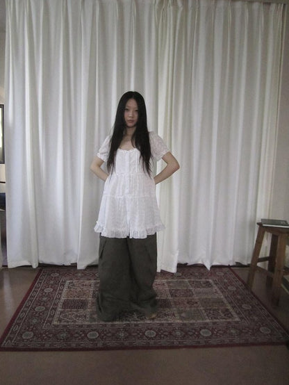 ang project Ballet Cutout Button Puff Sleeve Square Neck Women&