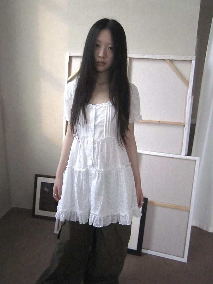 ang project Ballet Cutout Button Puff Sleeve Square Neck Women&