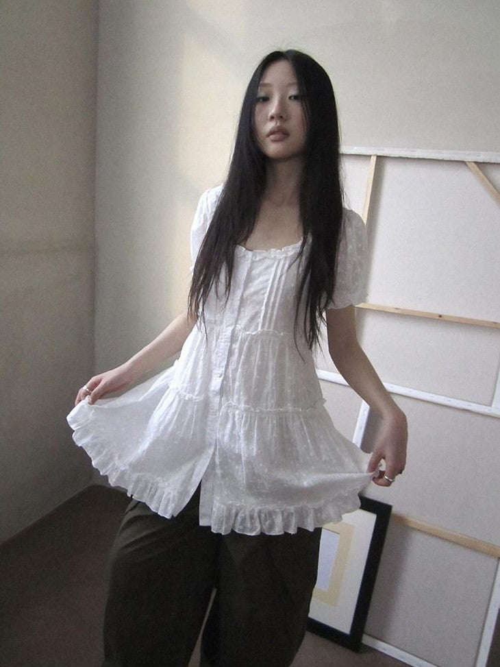 ang project Ballet Cutout Button Puff Sleeve Square Neck Women&