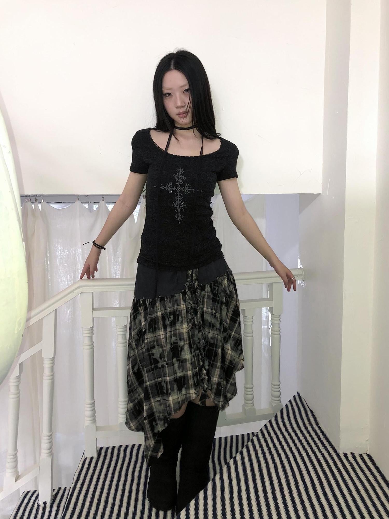 ang project Beaded Cross Print Ruched Waist Slim Fit Women&
