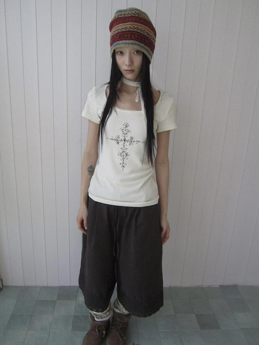 ang project Beaded Cross Print Ruched Waist Slim Fit Women&