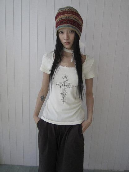 ang project Beaded Cross Print Ruched Waist Slim Fit Women&