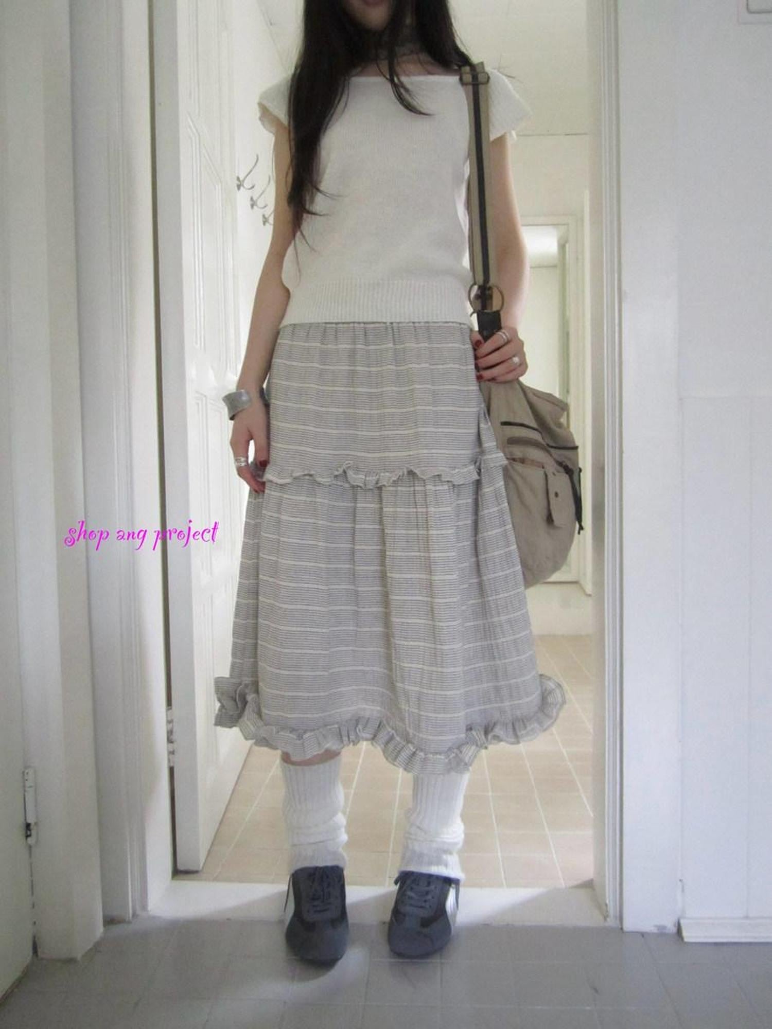 ang project Beige Gray Vintage Ruffle Edge Patchwork Striped A Line Women&