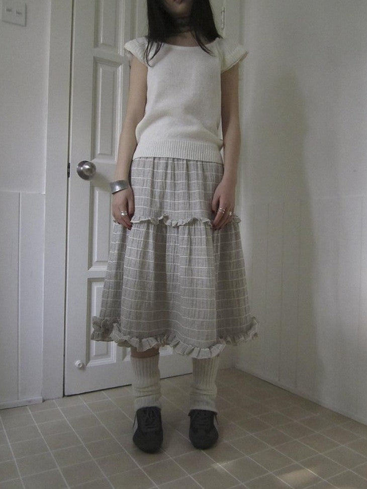 ang project Beige Gray Vintage Ruffle Edge Patchwork Striped A Line Women&