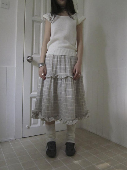 ang project Beige Gray Vintage Ruffle Edge Patchwork Striped A Line Women&