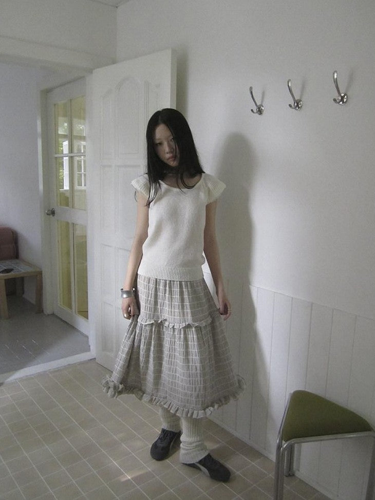ang project Beige Gray Vintage Ruffle Edge Patchwork Striped A Line Women&