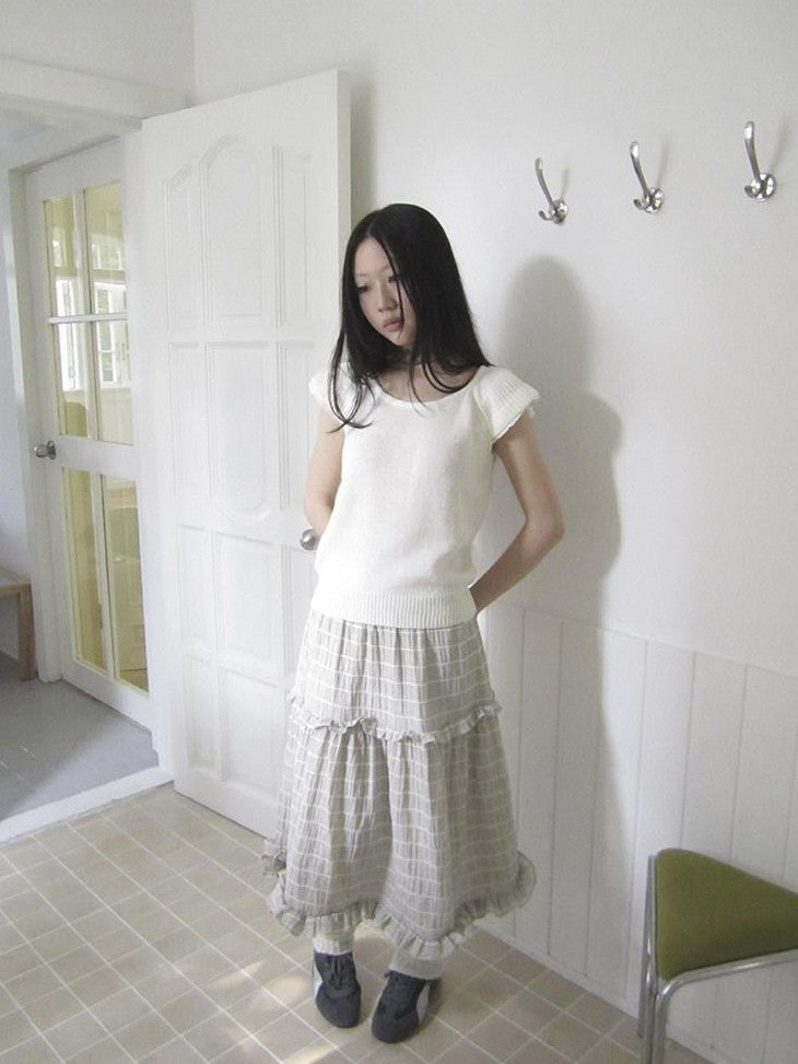 ang project Beige Gray Vintage Ruffle Edge Patchwork Striped A Line Women&