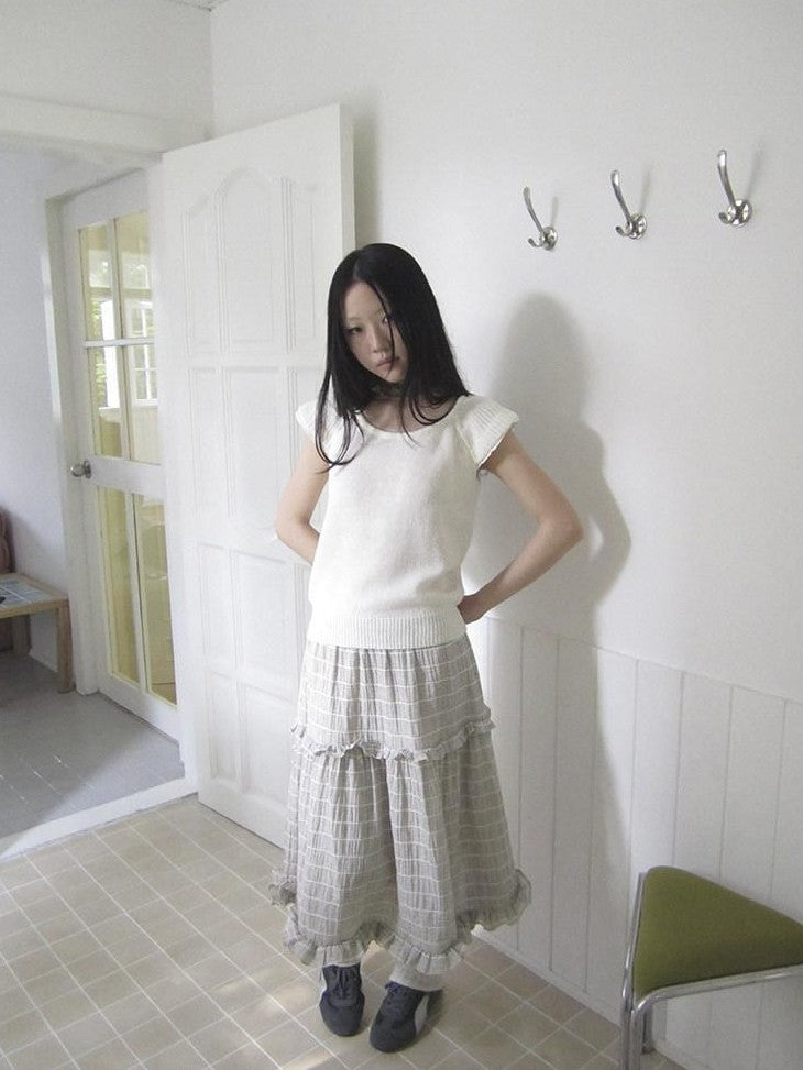 ang project Beige Gray Vintage Ruffle Edge Patchwork Striped A Line Women&