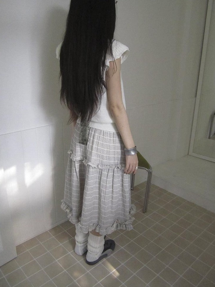 ang project Beige Gray Vintage Ruffle Edge Patchwork Striped A Line Women&