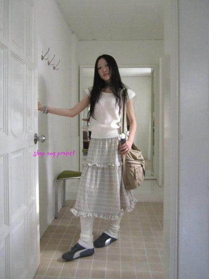 ang project Beige Gray Vintage Ruffle Edge Patchwork Striped A Line Women&