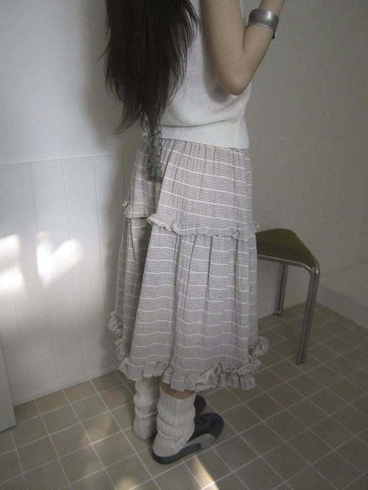 ang project Beige Gray Vintage Ruffle Edge Patchwork Striped A Line Women&