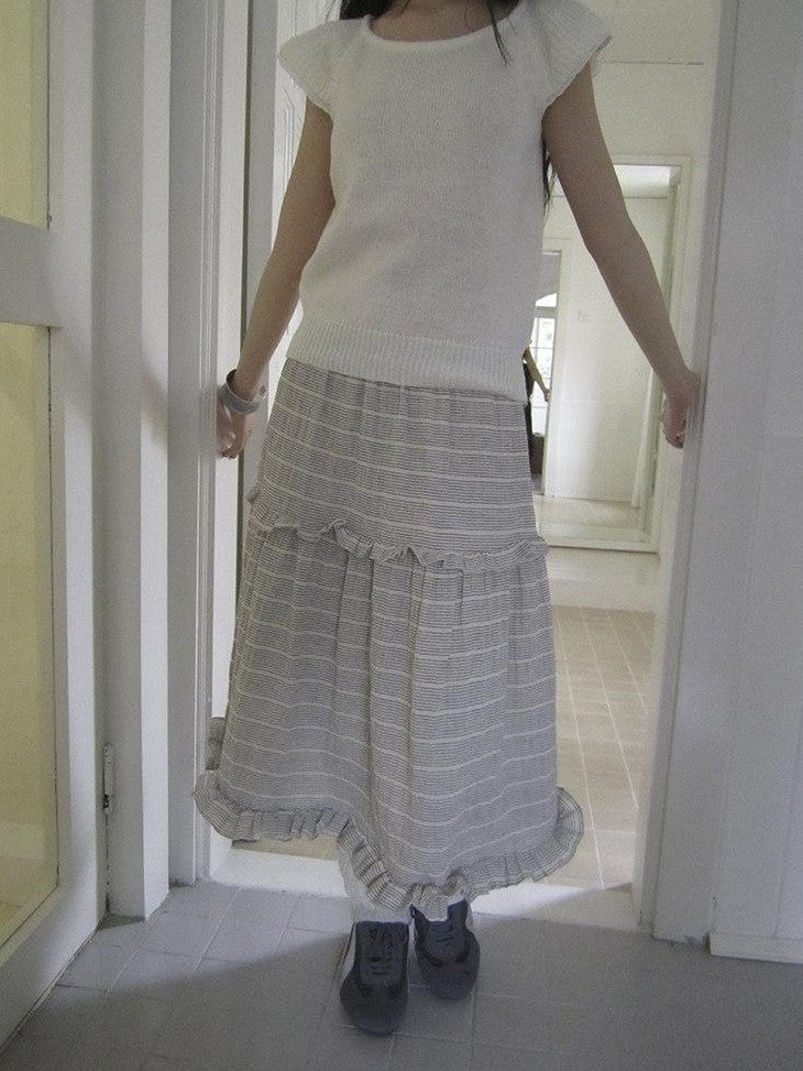 ang project Beige Gray Vintage Ruffle Edge Patchwork Striped A Line Women&