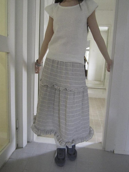 ang project Beige Gray Vintage Ruffle Edge Patchwork Striped A Line Women&