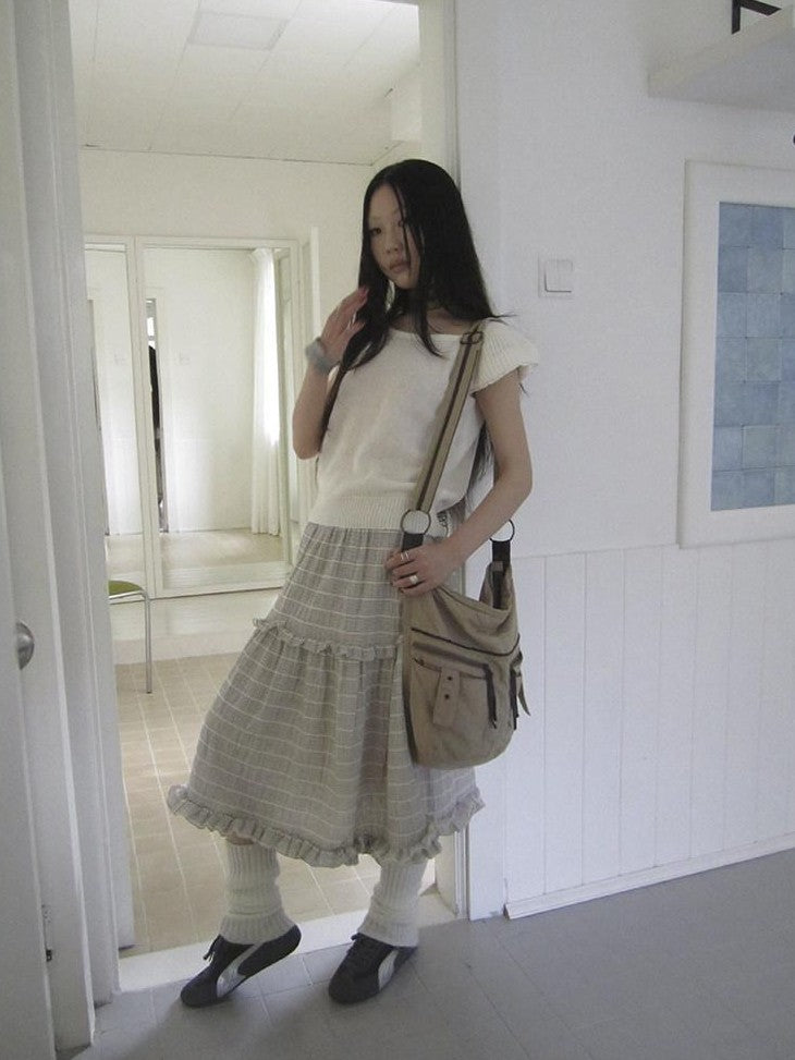 ang project Beige Gray Vintage Ruffle Edge Patchwork Striped A Line Women&