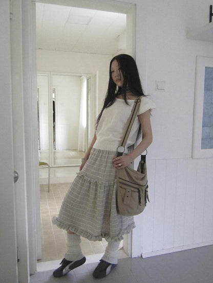 ang project Beige Gray Vintage Ruffle Edge Patchwork Striped A Line Women&