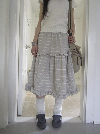 ang project Beige Gray Vintage Ruffle Edge Patchwork Striped A Line Women&