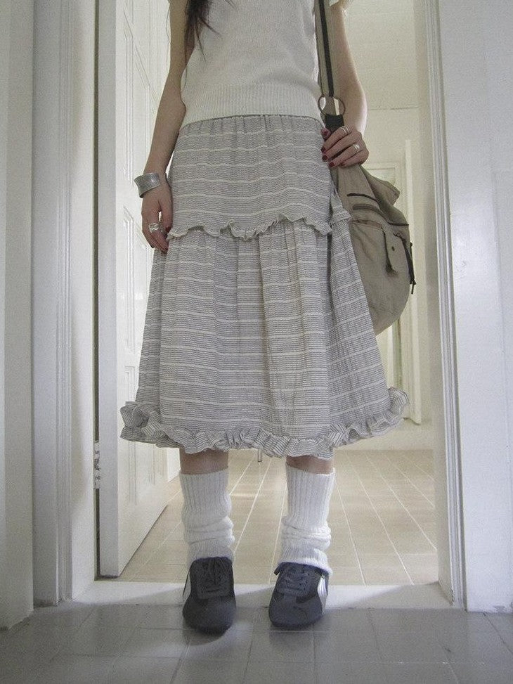 ang project Beige Gray Vintage Ruffle Edge Patchwork Striped A Line Women&