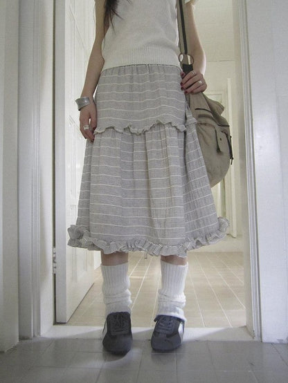 ang project Beige Gray Vintage Ruffle Edge Patchwork Striped A Line Women&