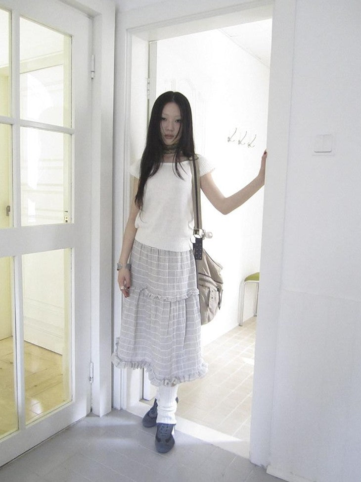 ang project Beige Gray Vintage Ruffle Edge Patchwork Striped A Line Women&