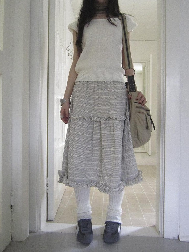 ang project Beige Gray Vintage Ruffle Edge Patchwork Striped A Line Women&