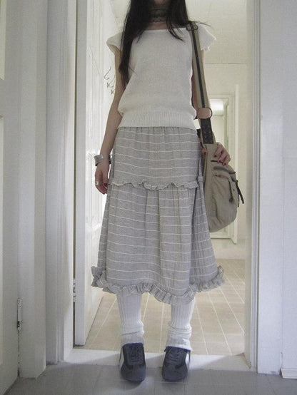 ang project Beige Gray Vintage Ruffle Edge Patchwork Striped A Line Women&