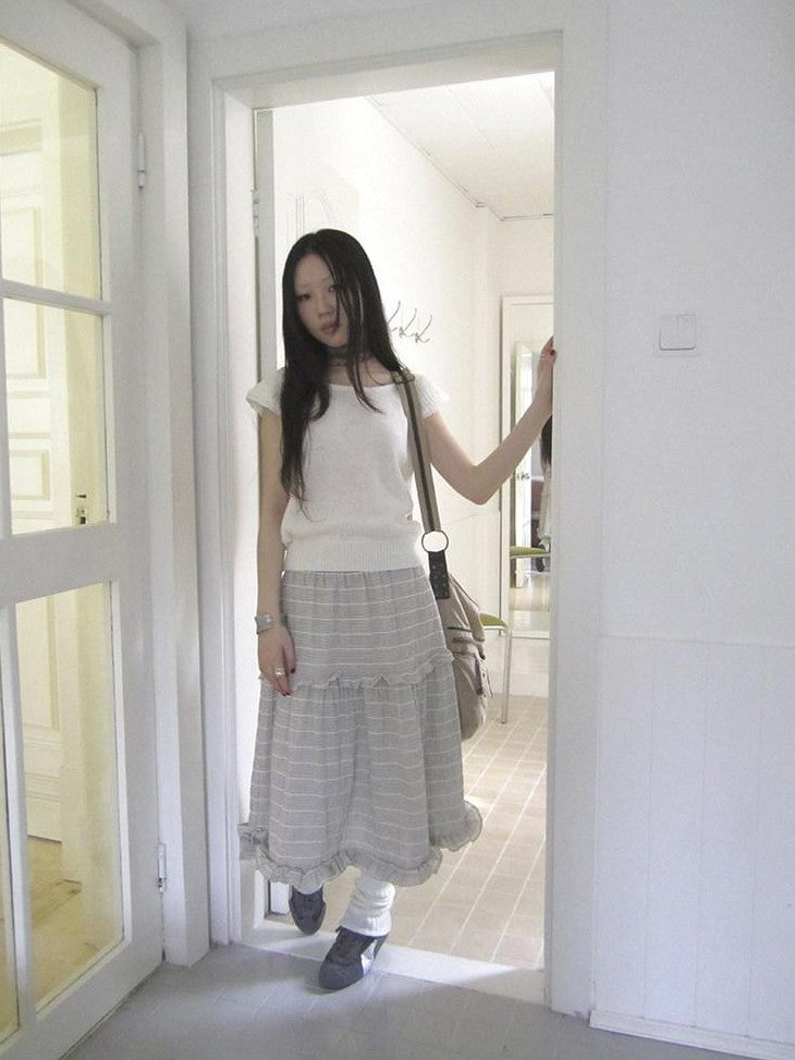 ang project Beige Gray Vintage Ruffle Edge Patchwork Striped A Line Women&