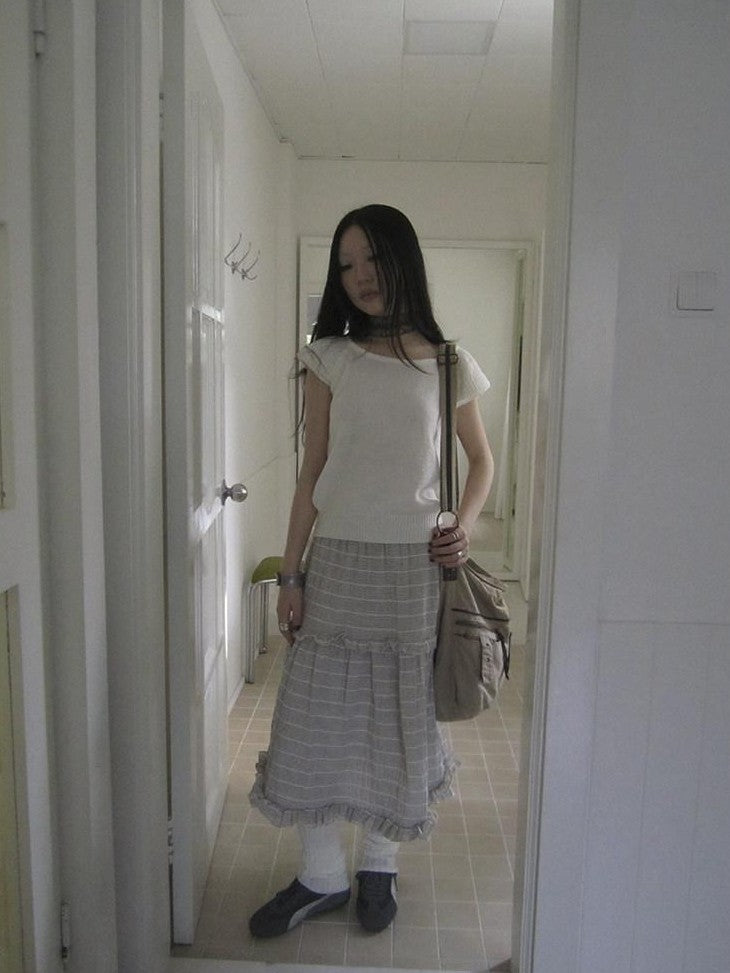 ang project Beige Gray Vintage Ruffle Edge Patchwork Striped A Line Women&