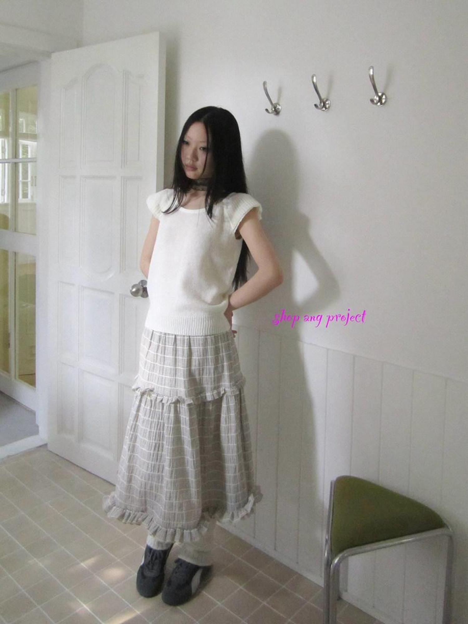ang project Beige Gray Vintage Ruffle Edge Patchwork Striped A Line Women&