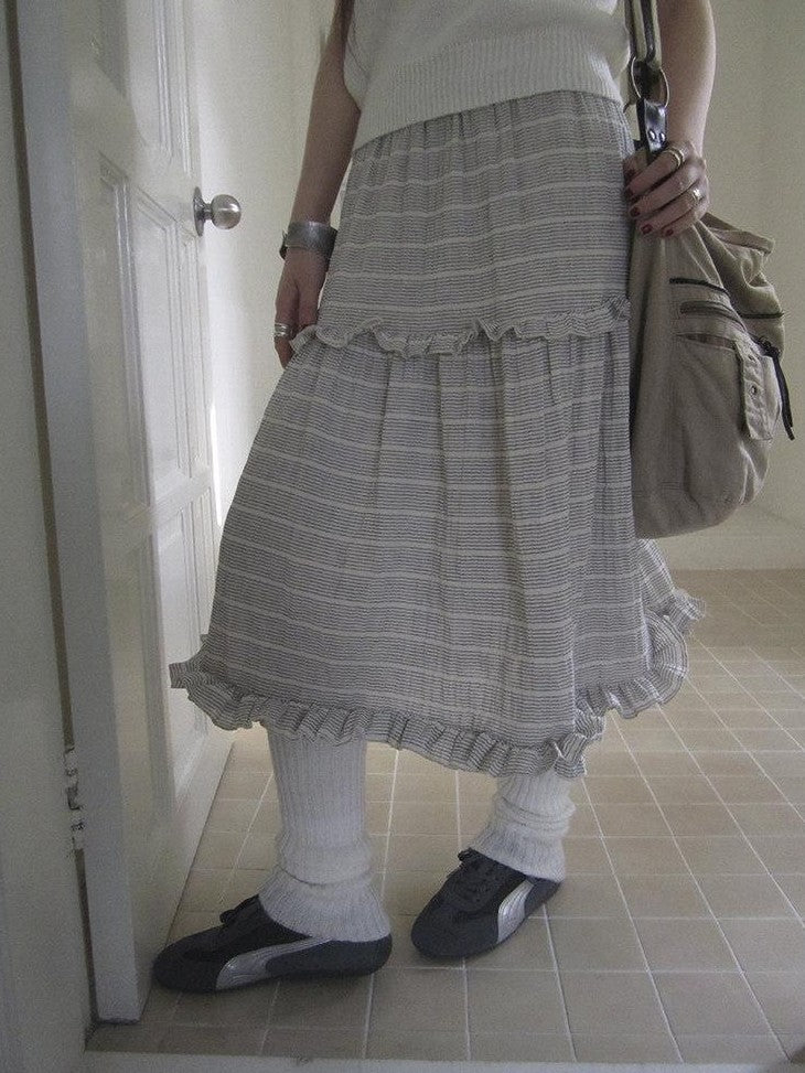 ang project Beige Gray Vintage Ruffle Edge Patchwork Striped A Line Women&