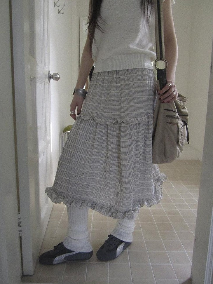 ang project Beige Gray Vintage Ruffle Edge Patchwork Striped A Line Women&