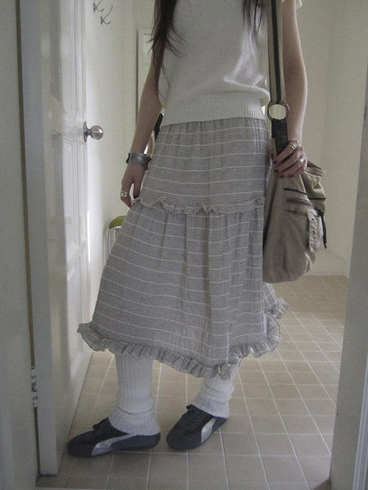 ang project Beige Gray Vintage Ruffle Edge Patchwork Striped A Line Women&