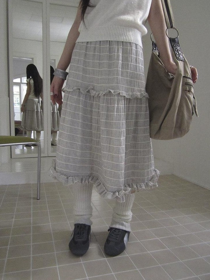 ang project Beige Gray Vintage Ruffle Edge Patchwork Striped A Line Women&