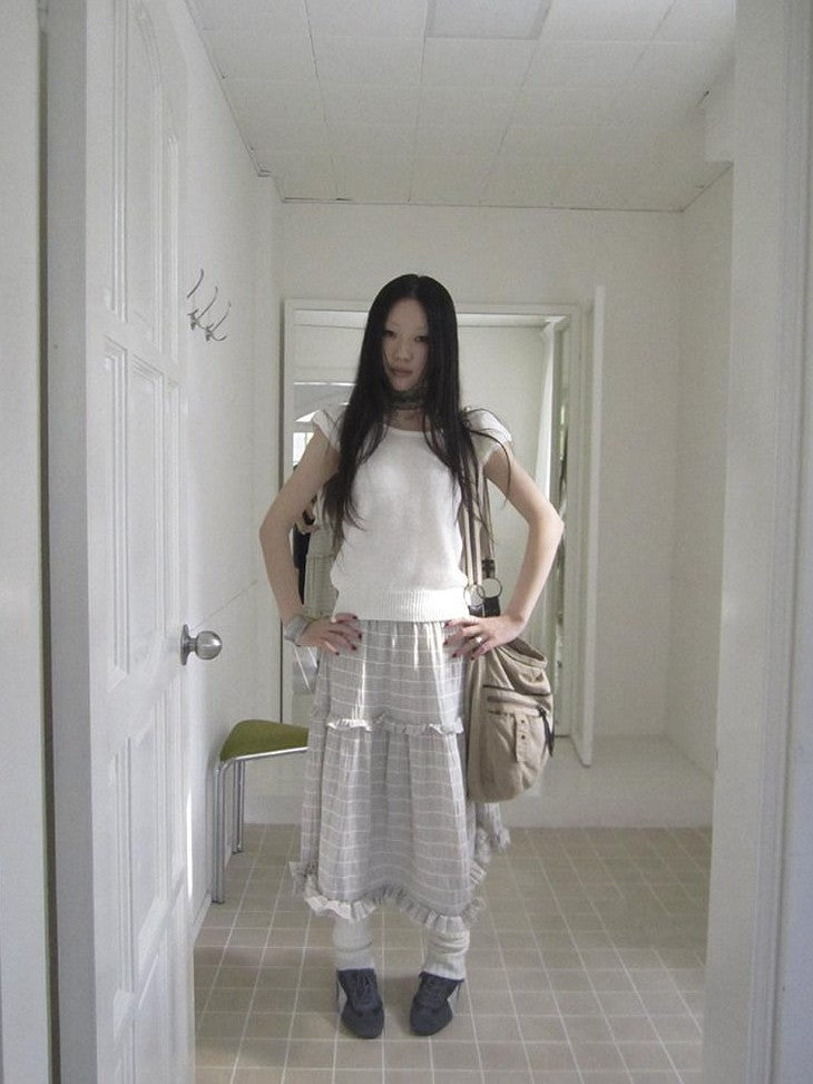 ang project Beige Gray Vintage Ruffle Edge Patchwork Striped A Line Women&