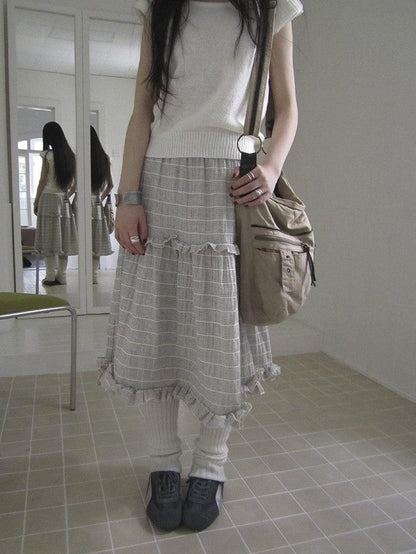 ang project Beige Gray Vintage Ruffle Edge Patchwork Striped A Line Women&