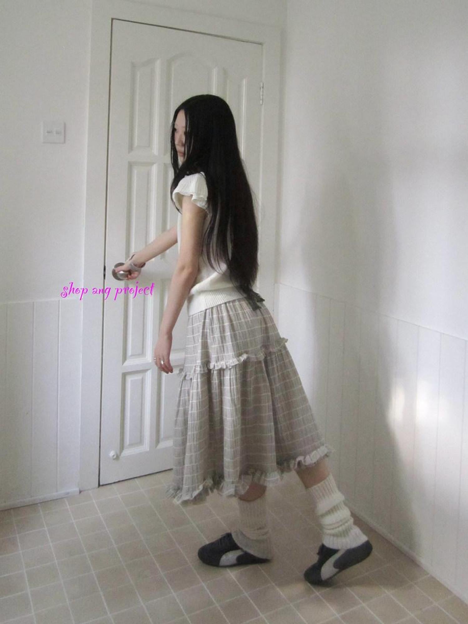 ang project Beige Gray Vintage Ruffle Edge Patchwork Striped A Line Women&
