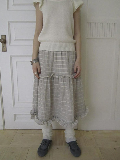 ang project Beige Gray Vintage Ruffle Edge Patchwork Striped A Line Women&