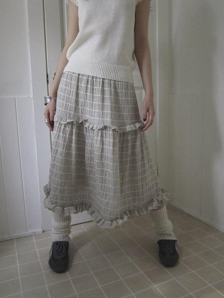 ang project Beige Gray Vintage Ruffle Edge Patchwork Striped A Line Women&