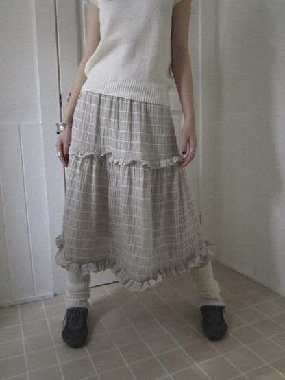 ang project Beige Gray Vintage Ruffle Edge Patchwork Striped A Line Women&