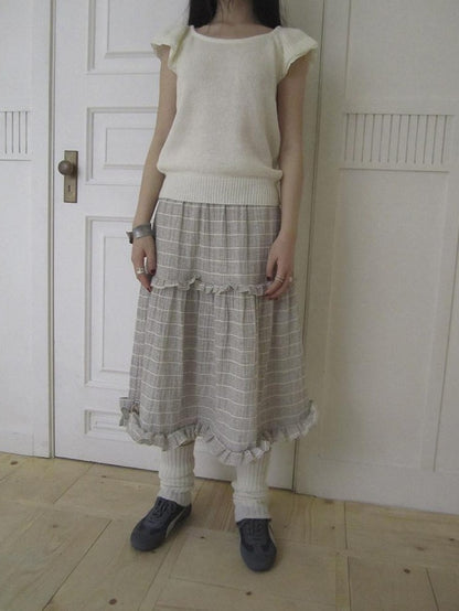 ang project Beige Gray Vintage Ruffle Edge Patchwork Striped A Line Women&
