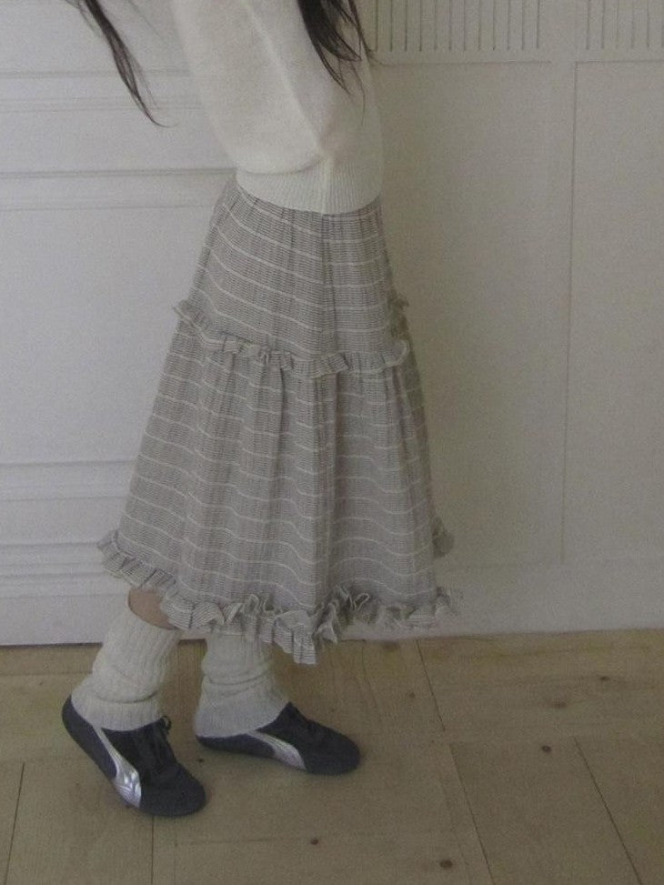 ang project Beige Gray Vintage Ruffle Edge Patchwork Striped A Line Women&