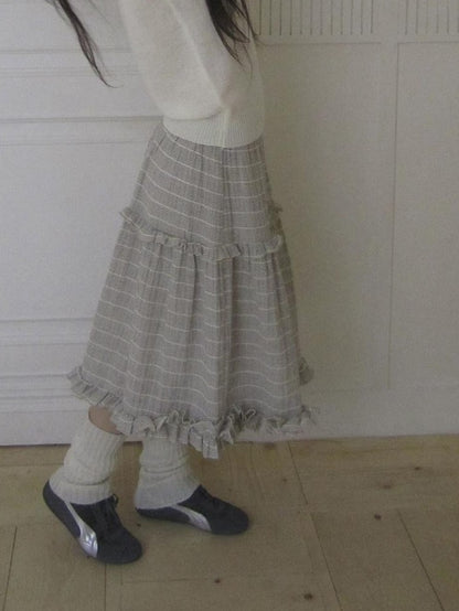 ang project Beige Gray Vintage Ruffle Edge Patchwork Striped A Line Women&